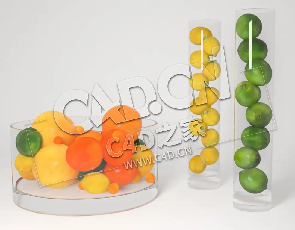 玻璃器皿装满的柑橘柠檬水果C4D模型 Citrus fruits glas