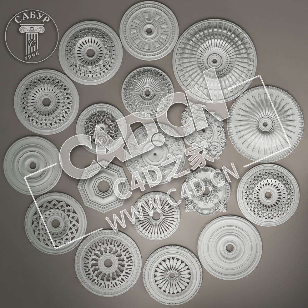 C4D欧式石膏雕花灯盘灯座浮雕花构件模型_66 ceiling decor - C4D之家 - 66.jpg