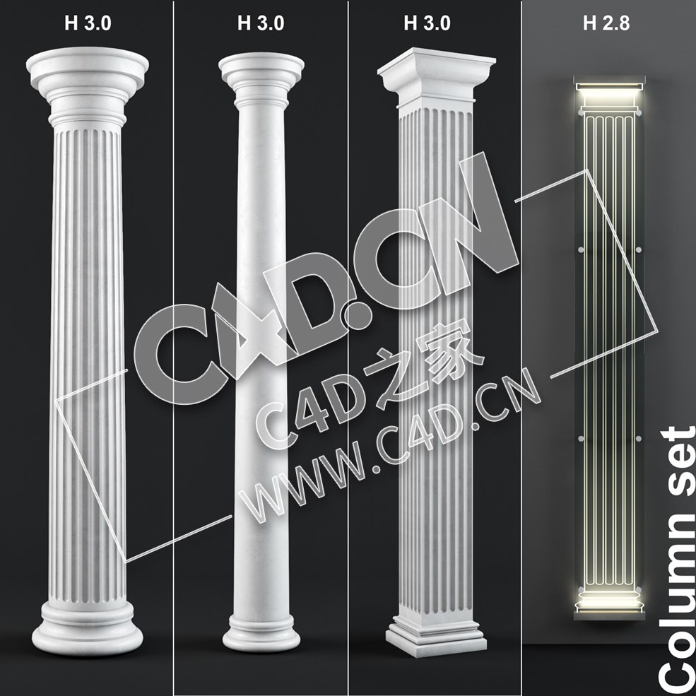 C4D欧式罗马柱圆柱方柱条纹柱模型_61