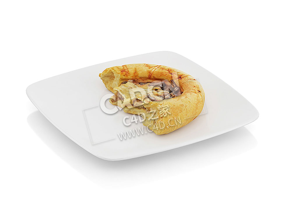 C4D咬过的蘑菇和奶酪面包食物模型 Bitten bread with mushrooms and cheese