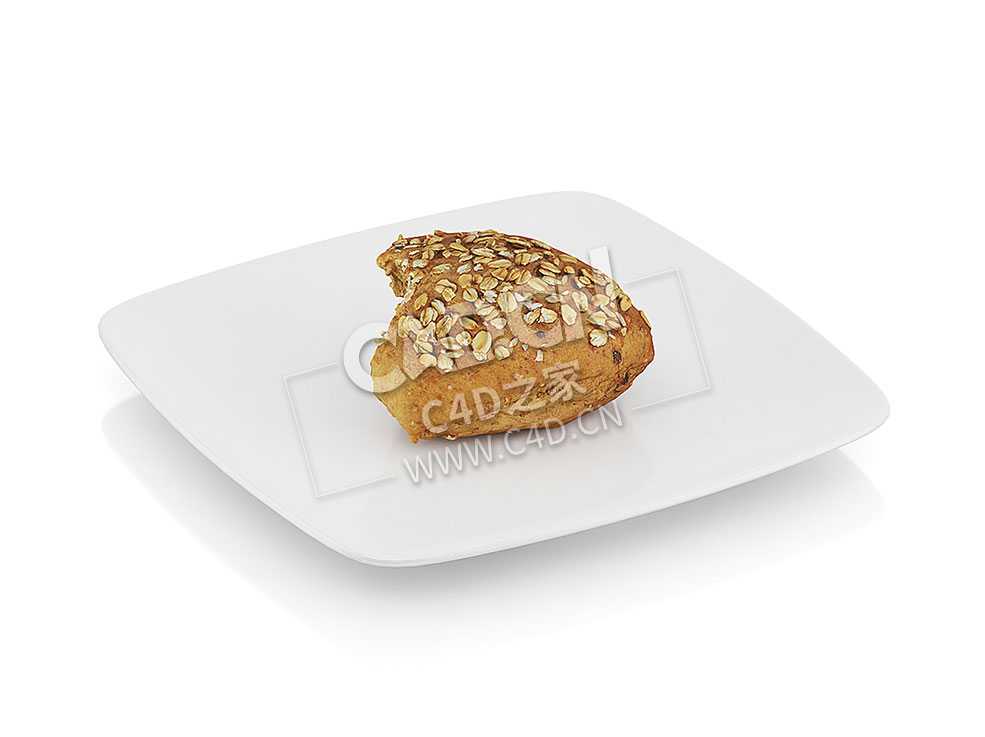 C4D咬过的全麦卷食物模型 Bitten wholegrain roll