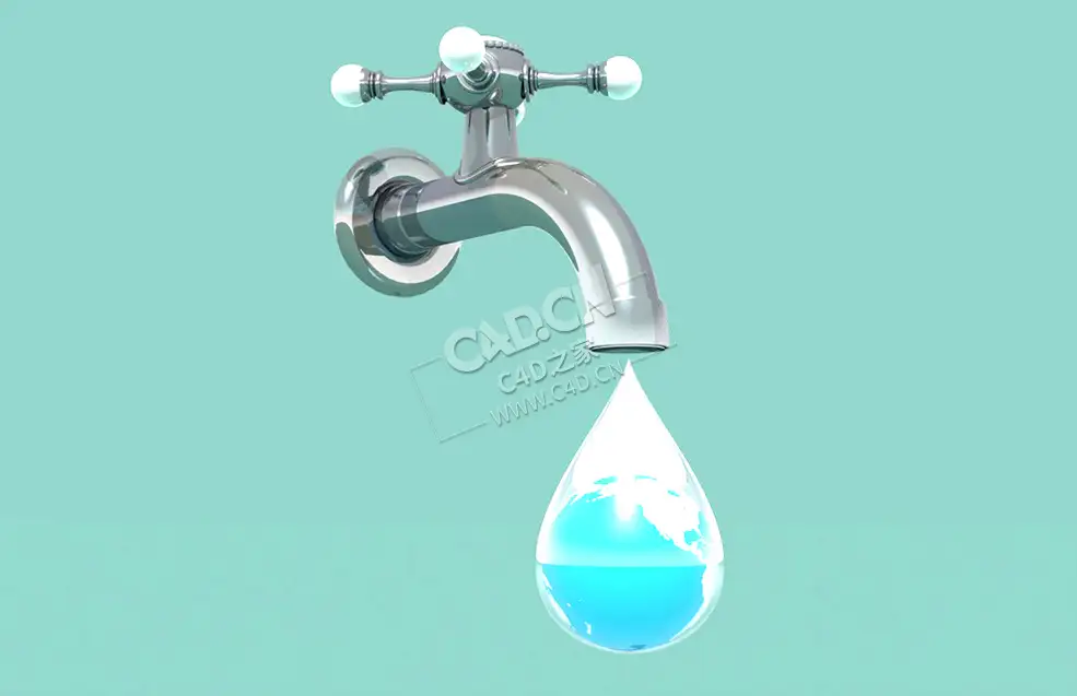 节约用水水资源自来水水管水滴地球创意C4D模型 Tap-Preserve-Water