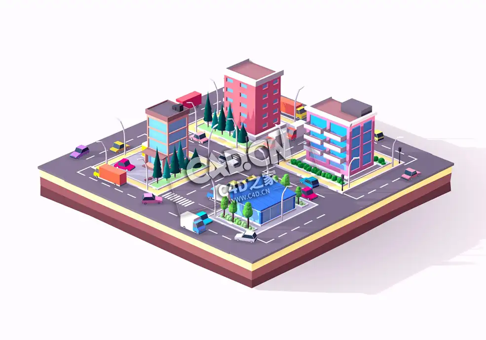 低面卡通城市C4D模型下载 Cartoon Lowpoly Small City