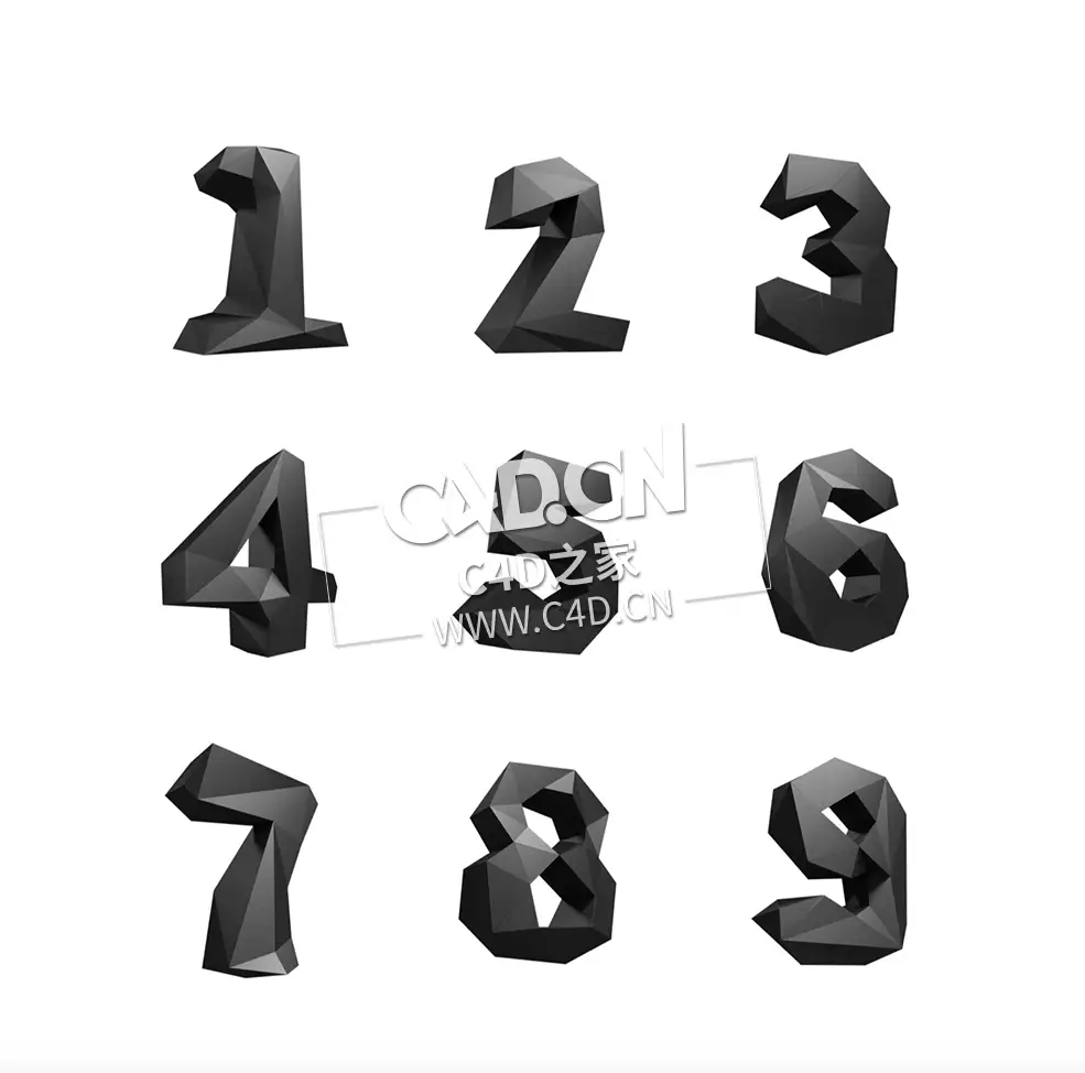 低面多边形数字123456789艺术文字C4D模型LOW POLY NUMBERS