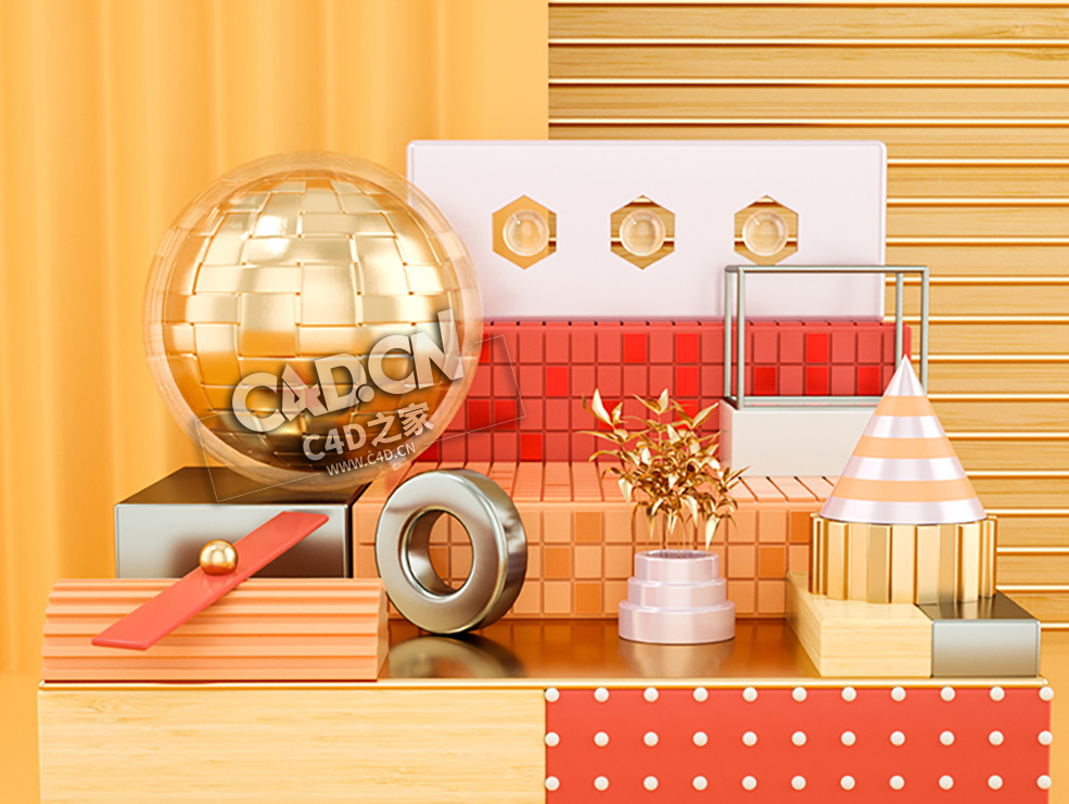 创意抽象几何体模型金色圆球卡通背景C4D电商工程模型下载 E-commerce Poster project - C4D之家 - 046.jpg