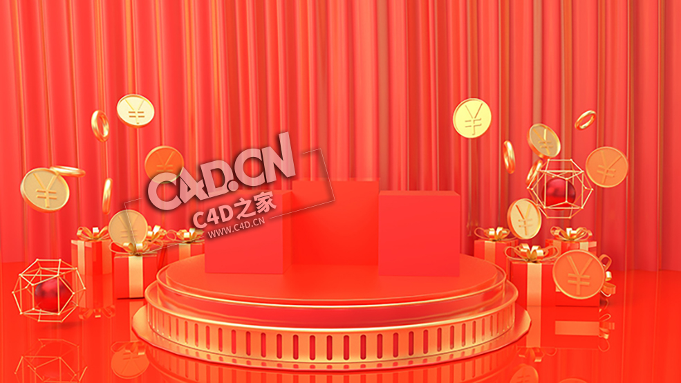 红色背景金币商品促销季电商展台C4D工程模型下载 E-commerce Poster project