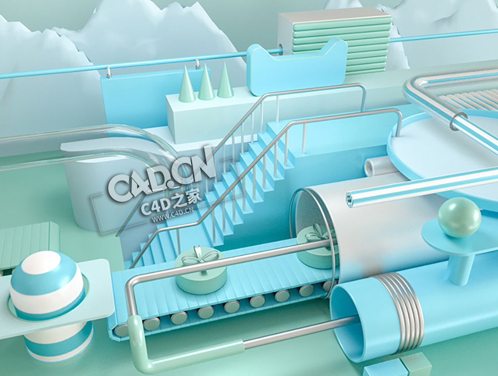 蓝色清新卡通天猫商品流水线促销背景C4D电商工程模型下载 E-commerce Poster project