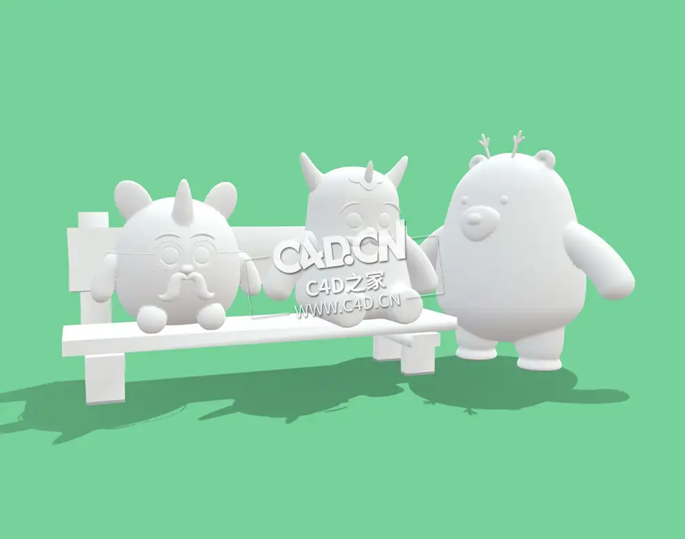 长凳上的卡通动物角色C4D模型 Cartoon Animals
