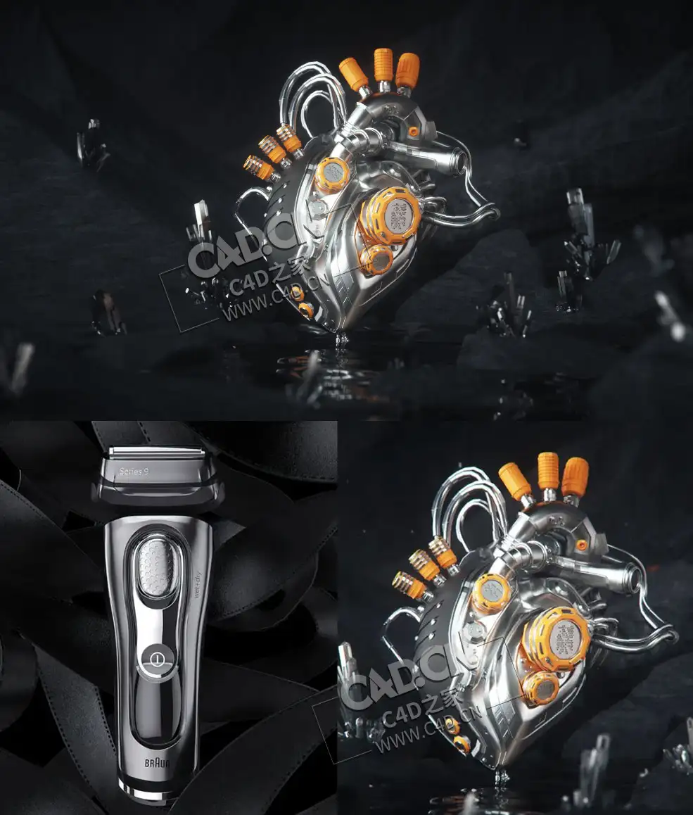 C4D暗调剃须刀和机械心脏产品打光中文教程 含工程模型 - C4D之家 - 2个暗调风格渲染教程。分别是一个剃须刀渲染、-机械心脏渲染教程。里面会讲到一些渲染.jpg
