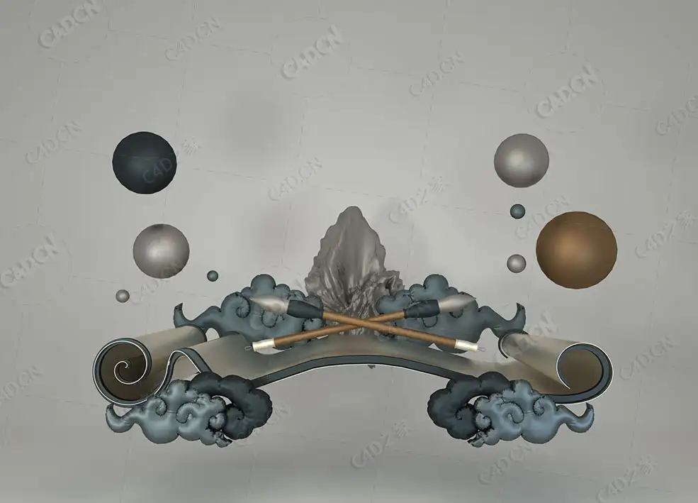 水墨画卷毛笔卷轴云朵 - C4D之家 - 2.jpg