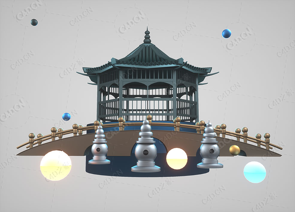 中国风传统海报装饰图中式建筑凉亭拱桥