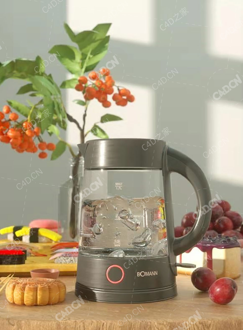 厨房小家电热水壶烧水壶月饼李子水果模型OCTANE渲染