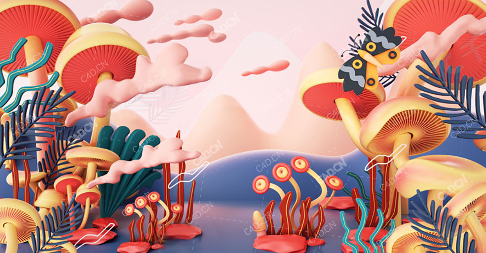 OCTANE蘑菇蝴蝶卡通植物王国场景模型下载