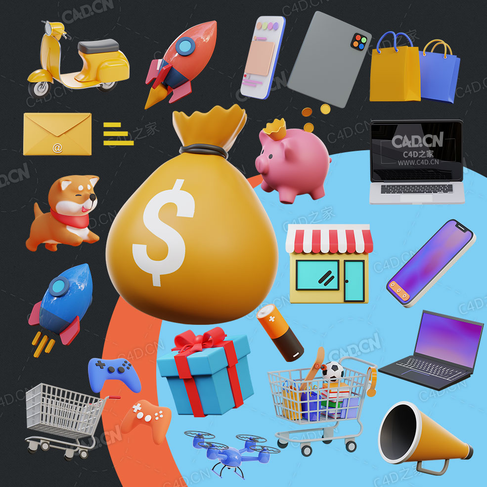 21个日常生活用品三维卡通图标模型摩托车购物车钱袋子火箭礼物盒手机电脑邮件
