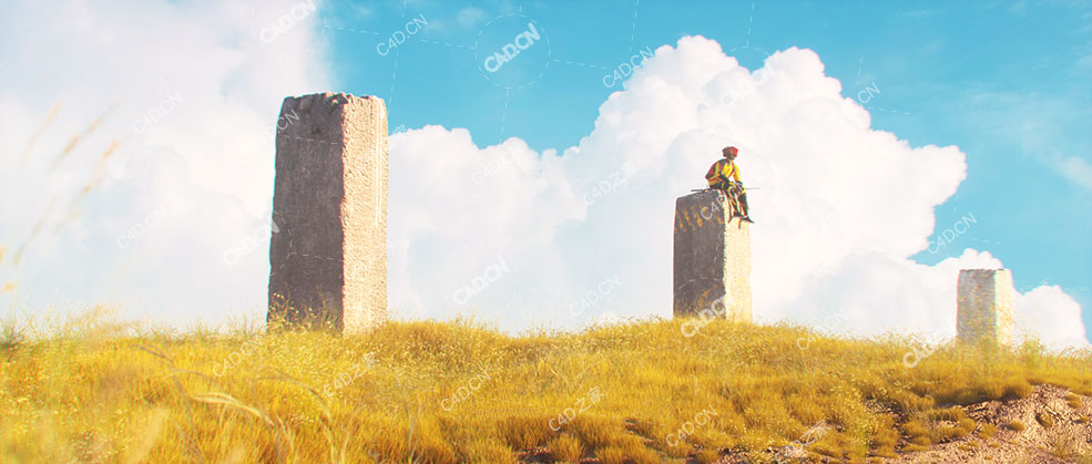 深秋坐荒草坡石柱上的人物角色OCTANE模型