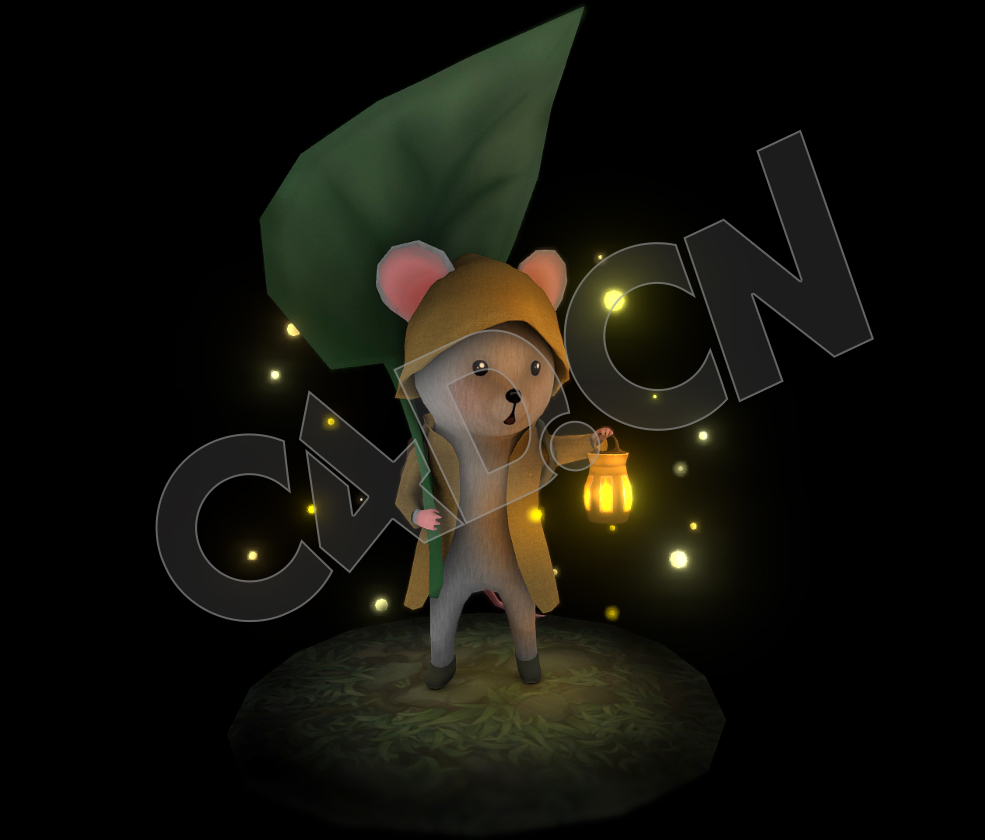 卡通扛着树叶的小老鼠提灯笼卡通场景动漫模型 Brave Mouse