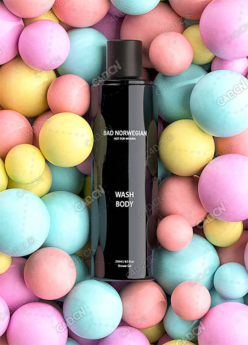 在七彩圆球中埋没的化妆品瓶模型