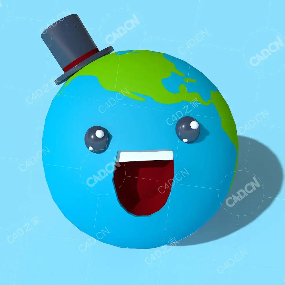 戴礼帽微笑的蓝色卡通地球角色模型Earth