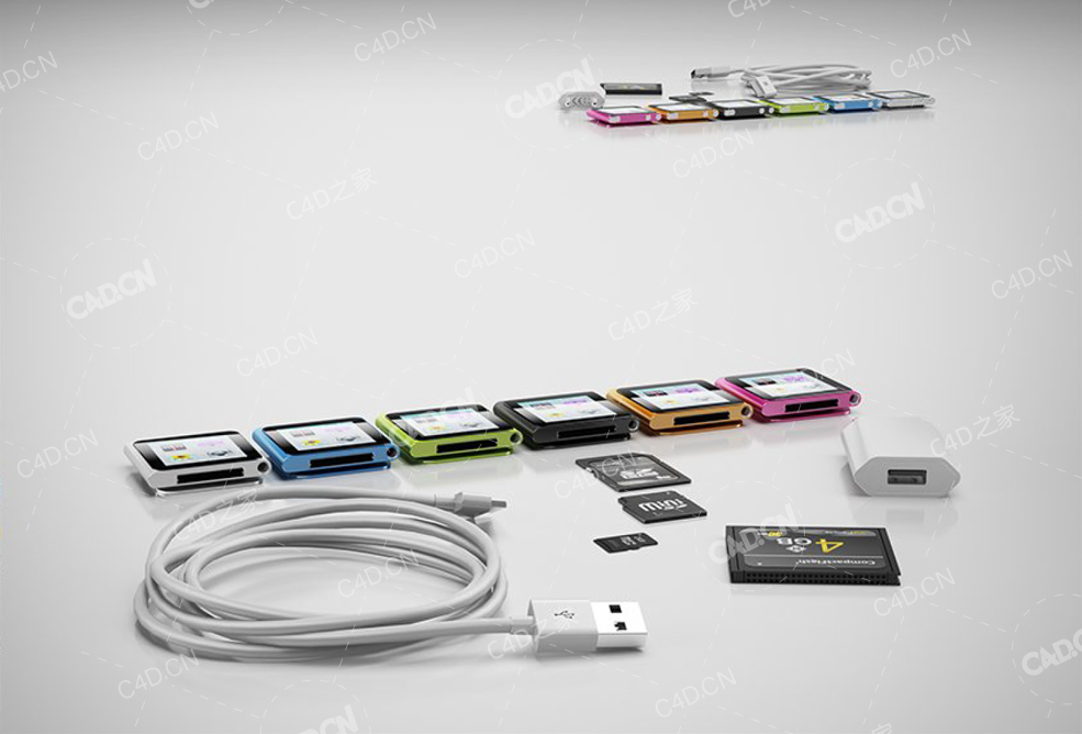 iPod nano存储卡和充电器数据线 3d models of iPod nano, memory cards and charger
