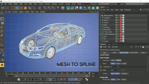 C4D网格边多边形和轮廓转样条线插件RocketLasso Mesh To Spline v1.0 Win/Mac - C4D之家 - CarBluePrintRotate600.gif