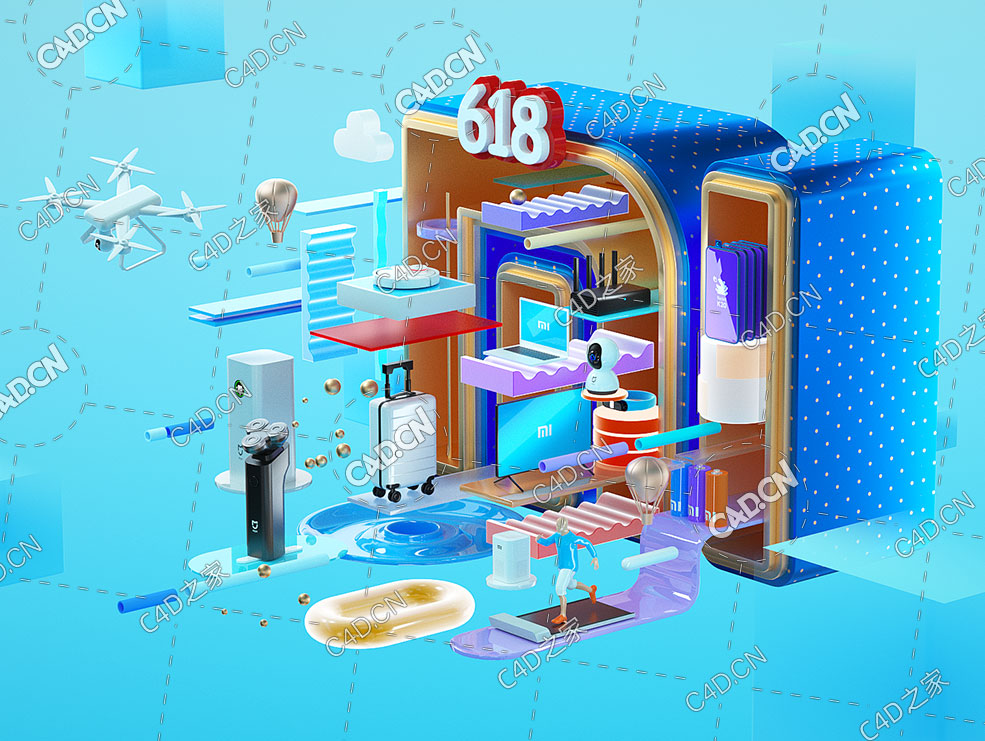 小米618商品促销电商海报C4D OCTANE创意工程