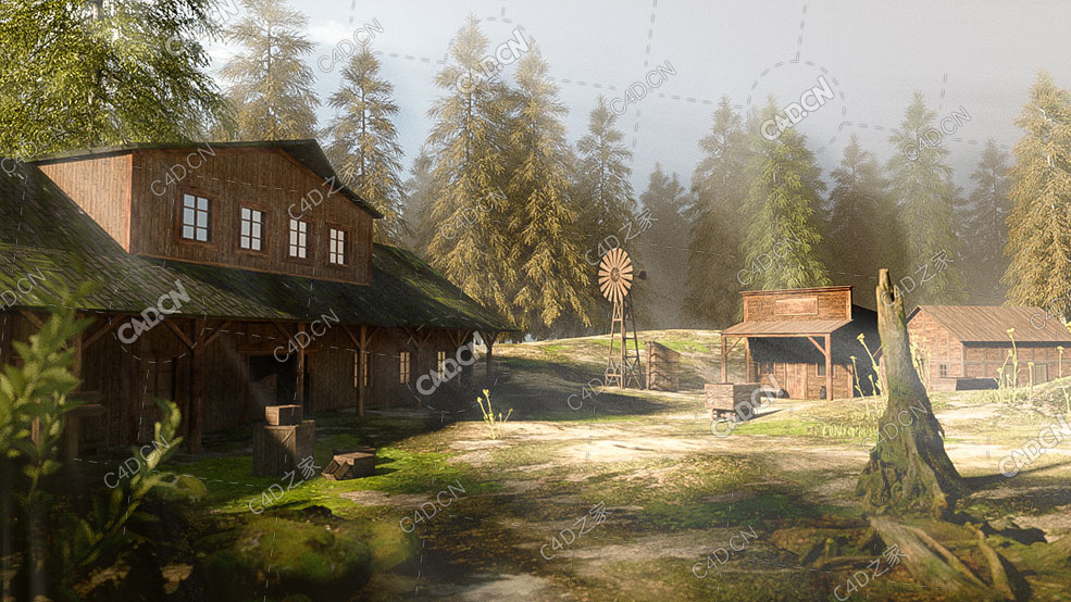 原始森林里的小木屋林厂木屋C4D OCTANE模型 - C4D之家 - 树木范德萨范德萨.jpg