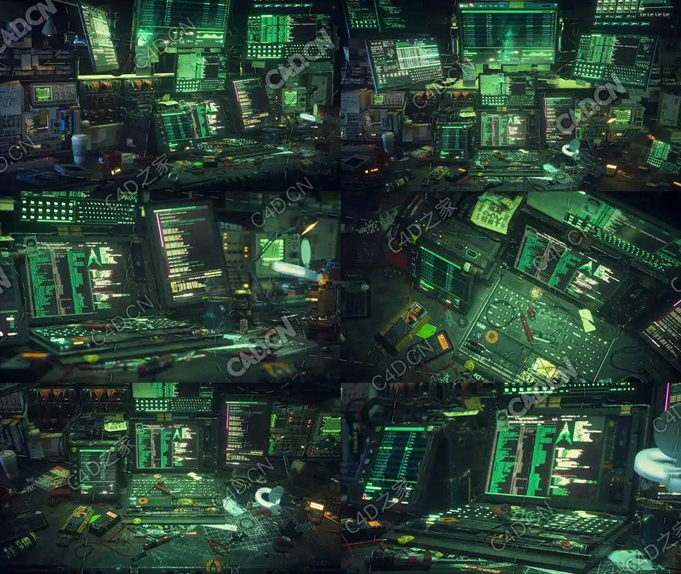 C4D赛博朋克科幻电脑黑客脑控制台Hacking Workspace Scene C4d and Octane