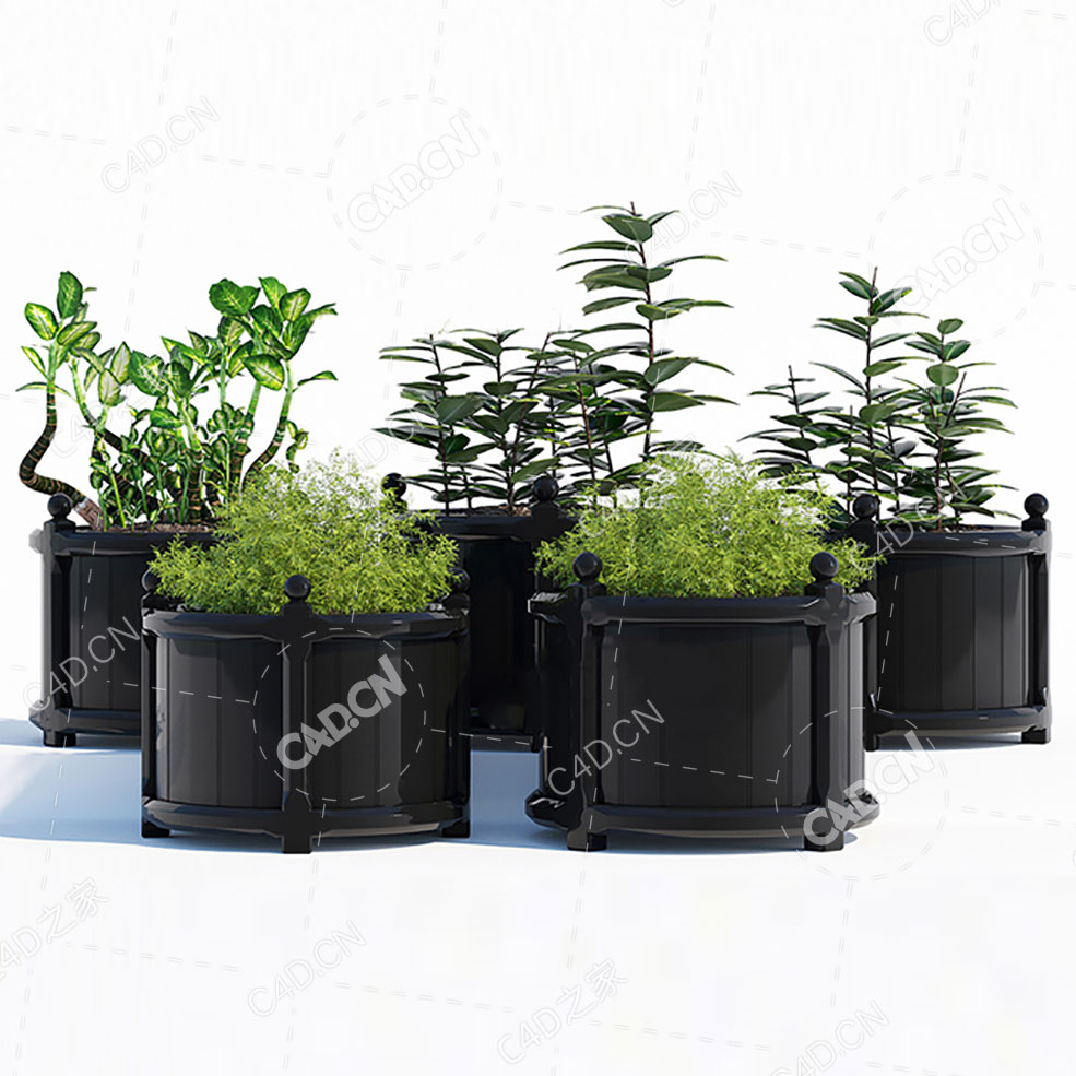 5盆绿色植物盆景落地盆栽模型落地绿植模型