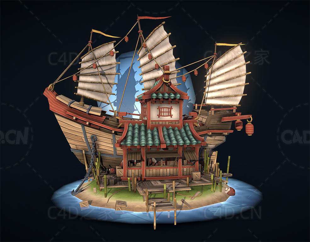 海上的木船建筑卡通模型 dae villages shipwrecked chinese supply store - C4D之家 - 07.jpg