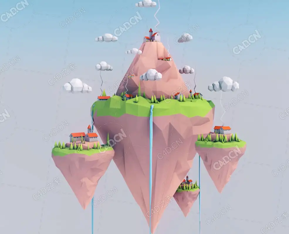 C4D创建低面多边形悬浮岛屿景观教程 Creating a low poly floating islands in C4D