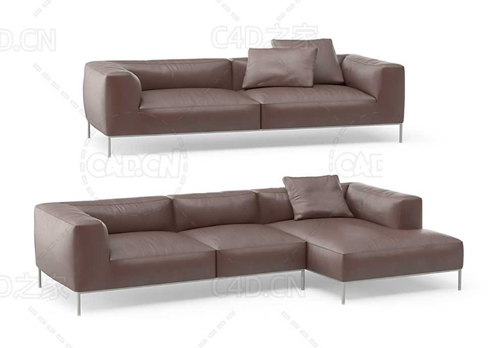 现代客厅沙发棕色皮沙发双人沙发L形沙发C4D模型 sofa 3d model - C4D之家 - 01.jpg