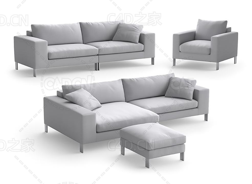灰白色布艺沙发单人沙发双人沙发L型客厅沙发C4D模型 sofa 3d model - C4D之家 - 06.jpg