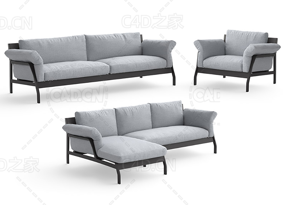 灰色客厅沙发双人沙发单人沙发布艺沙发C4D模型 sofa 3d model - C4D之家 - 04.jpg
