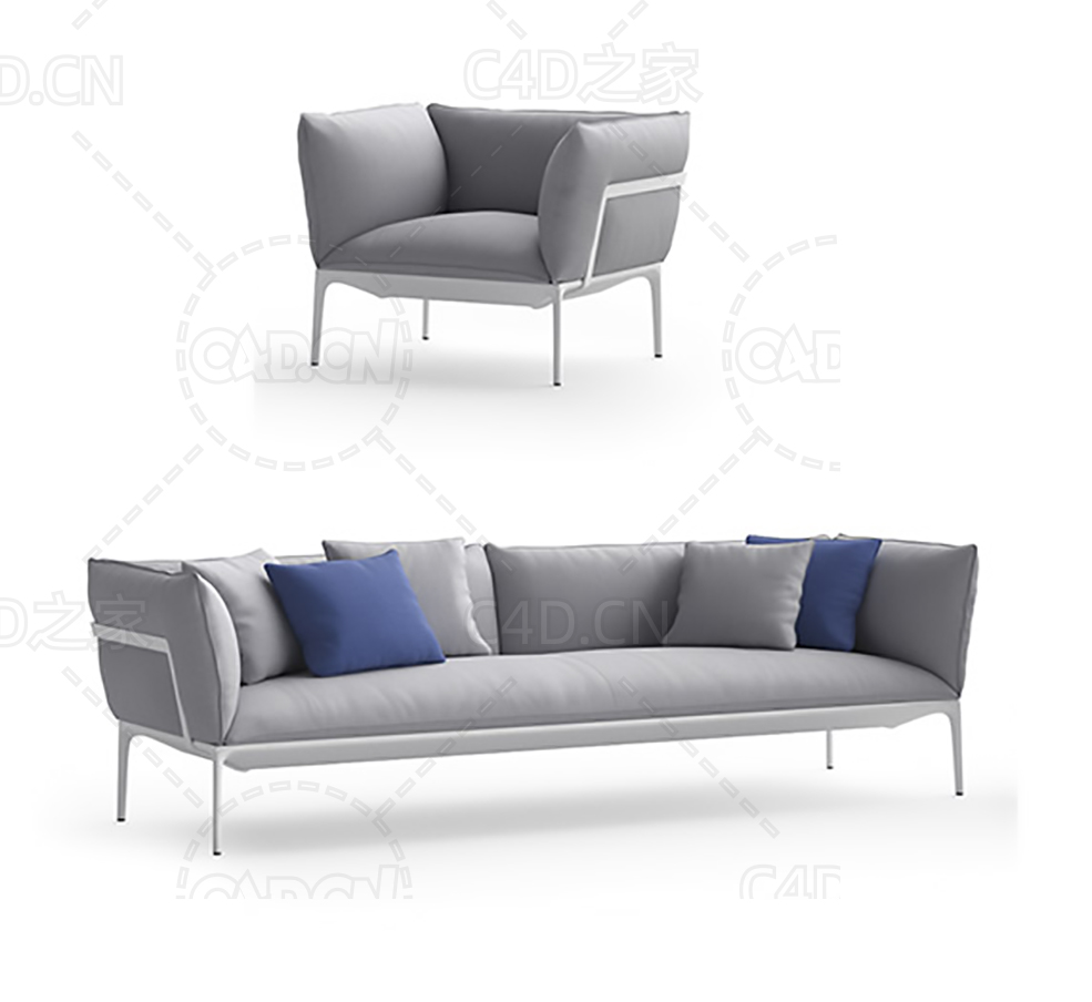 灰白色布艺沙发现代家具双人沙发单人沙发C4D模型 sofa 3d model - C4D之家 - 17.jpg