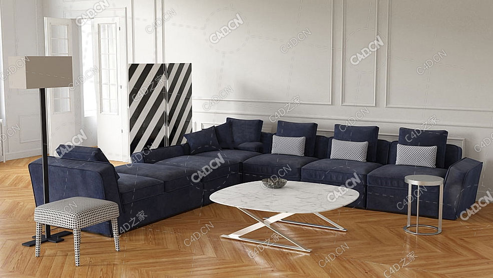 客厅布艺沙发蓝色沙发L型沙发拐角沙发C4D模型SOFA 3D MODEL