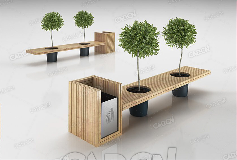 带集成垃圾桶的木板凳植物生态椅C4D模型 - C4D之家 - 08.jpg