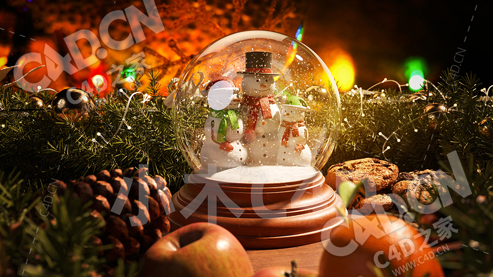 圣诞节雪人水晶球松树彩灯装饰场景C4D OCTANE工程