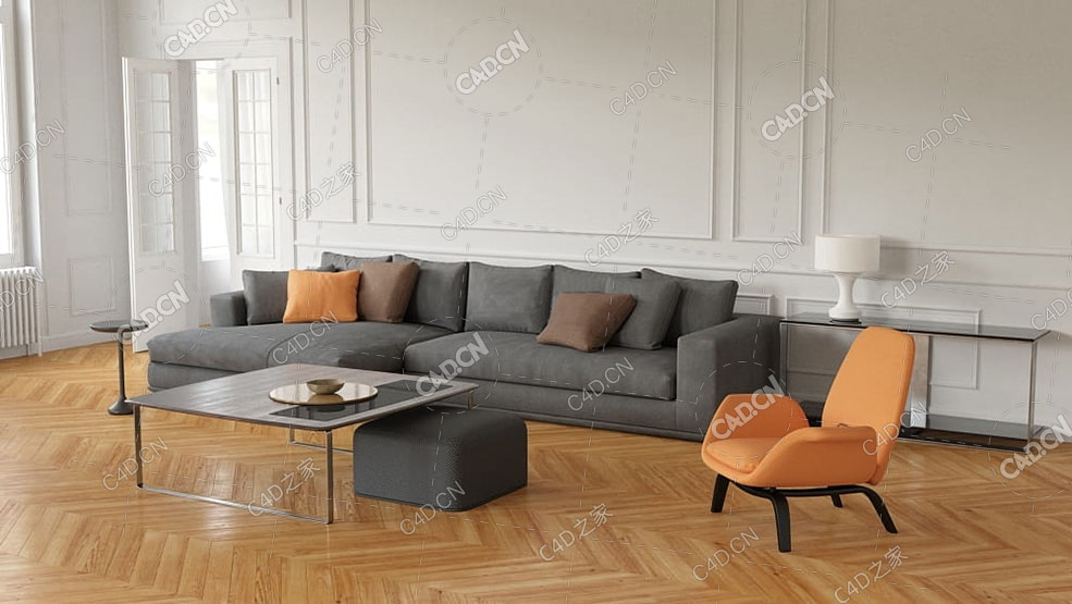 布艺沙发客厅沙发沙发模型茶几模型椅子模型台灯模型脚凳模型