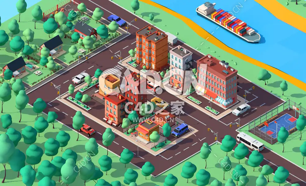 C4D低多边形卡通楼房场景模型Cartoon Low Poly American Dream City Pack