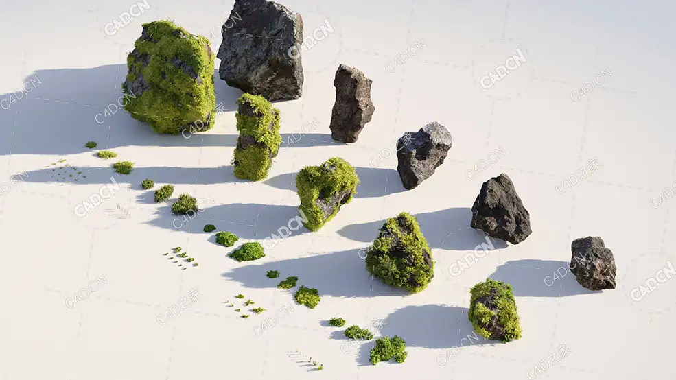 原始森林里长满青苔的石头模型Moss All Assets
