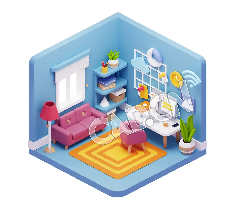 蓝色等距卡通办公场景室内插画图标元素模型 3d workspace illustrations