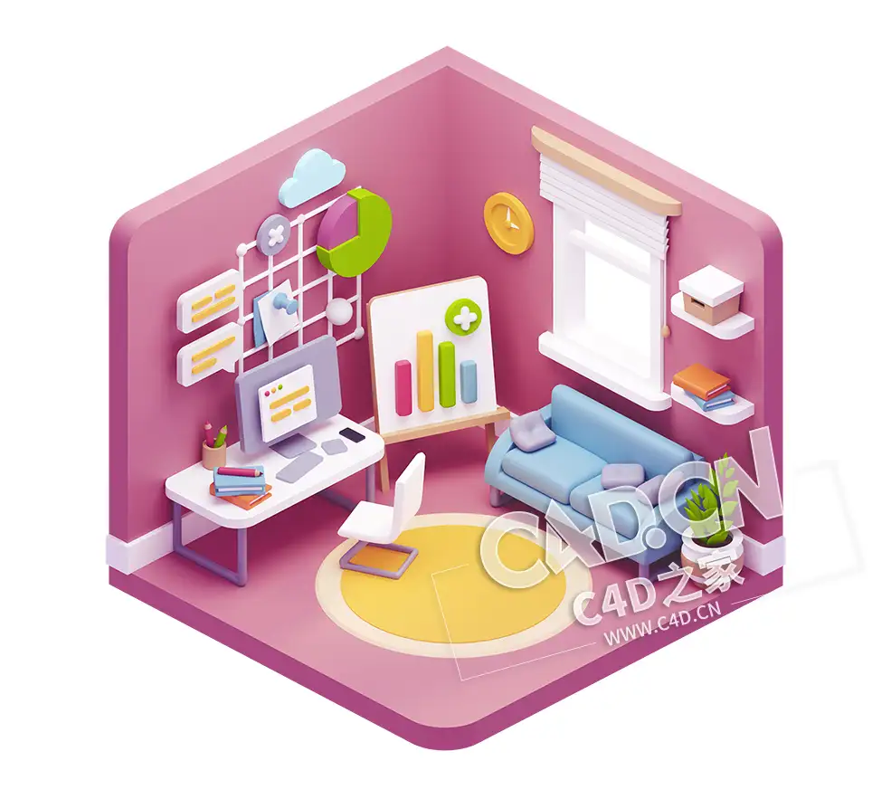 紫色数据图标等距卡通办公场景室内插画图标元素模型 3d workspace illustrations