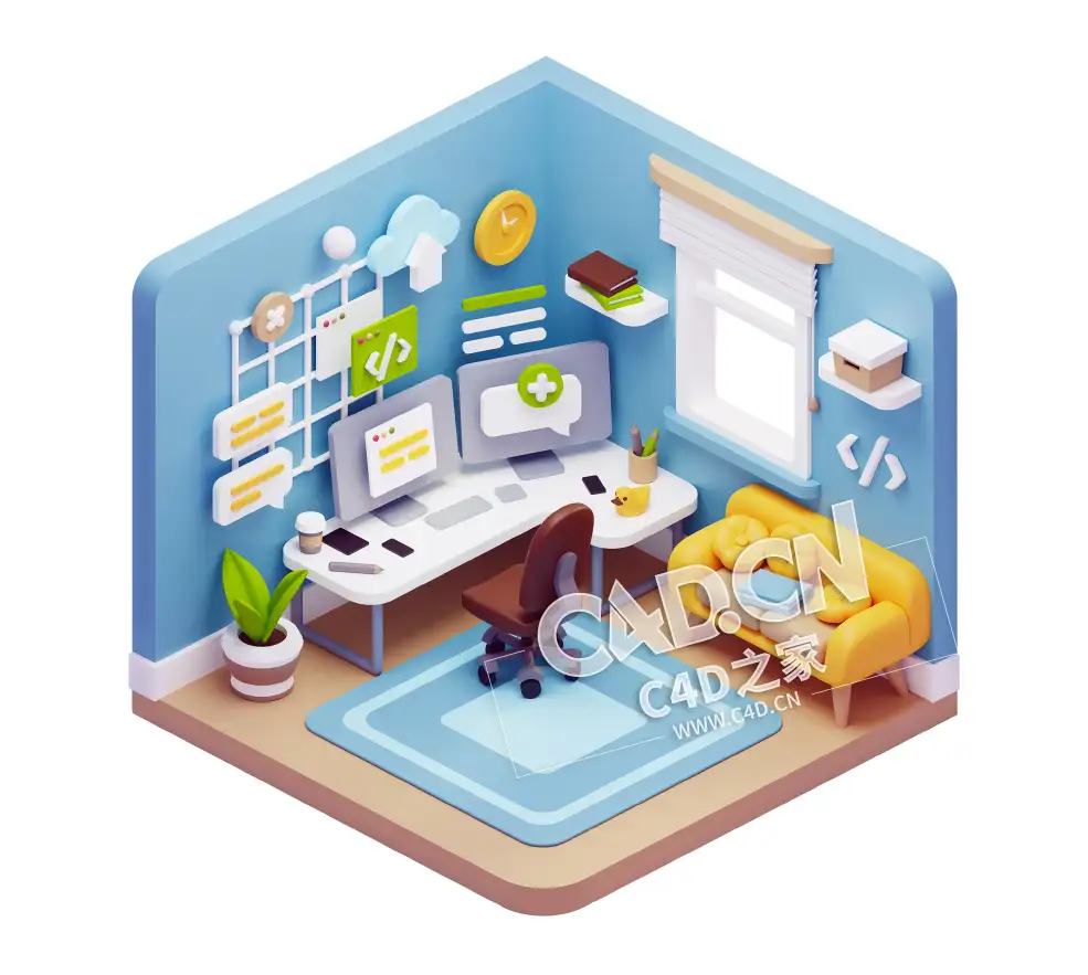 浅蓝色代码工程师等距卡通办公场景室内插画图标元素模型 3d workspace illustrations - C4D之家 - 3_01.jpg