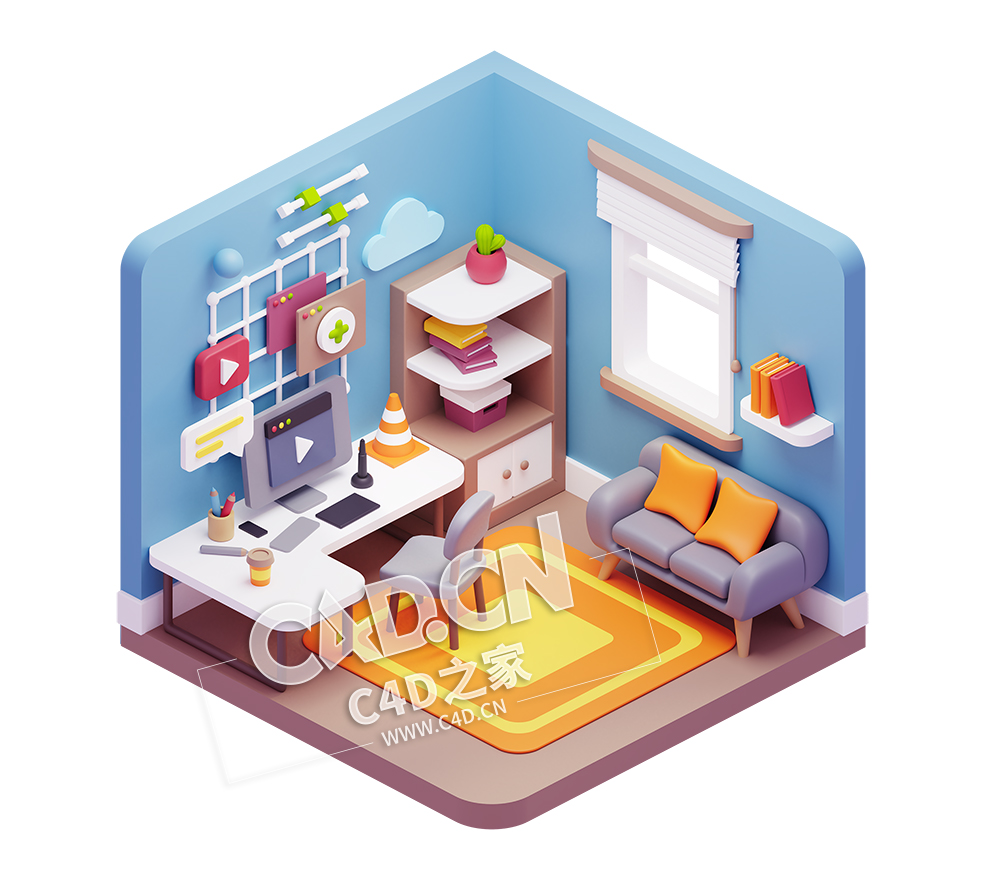 蓝色影视剪辑等距卡通办公场景室内插画图标元素模型 3d workspace illustrations
