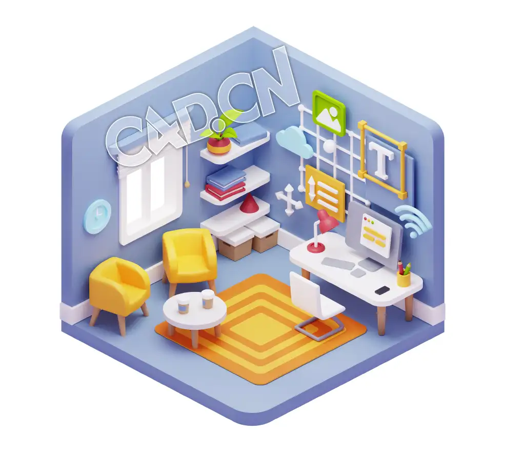 蓝色文字编辑室等距卡通办公场景室内插画图标元素模型 3d workspace illustrations