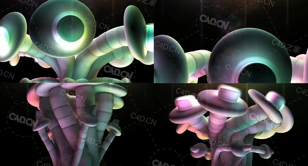 扭曲在一起的发光卡通蘑菇动画工程mushroom