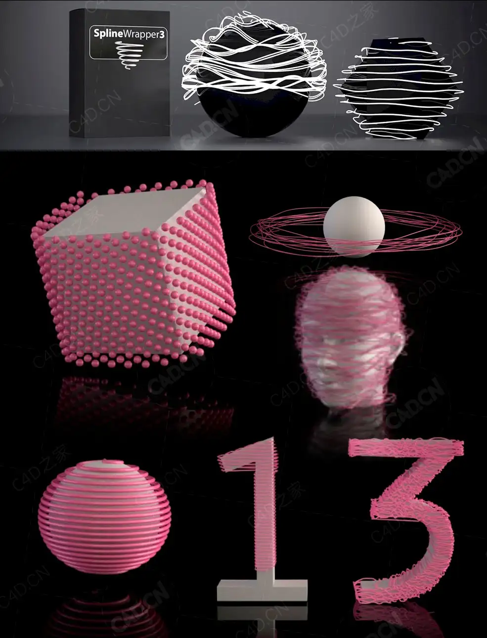 C4D插件样条线缠绕包裹插件中文汉化C4DZone Spline Wrapper v3.0 R21-R25 +使用教程
