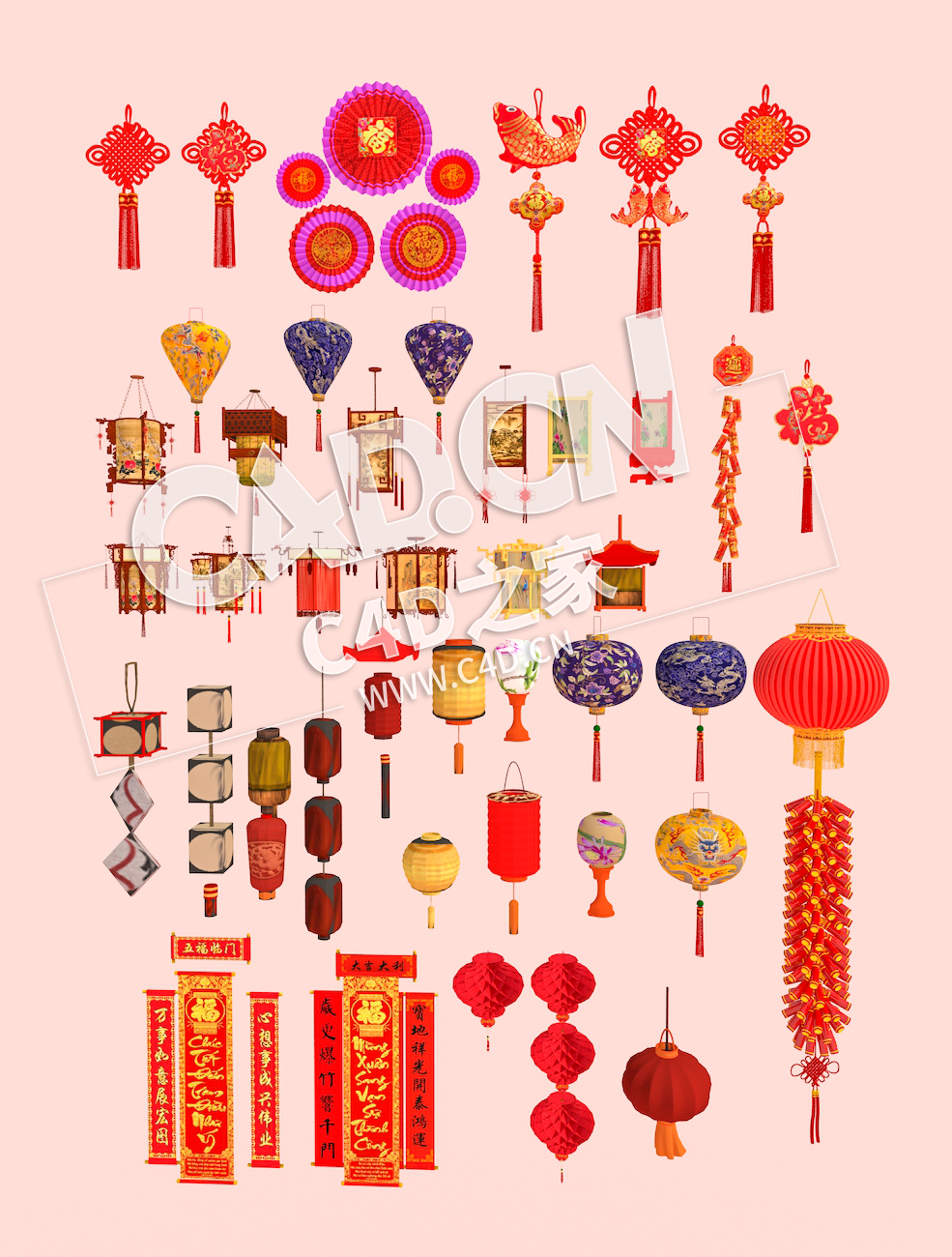 新年节喜庆装饰中国结灯笼鞭炮对联福字C4D模型