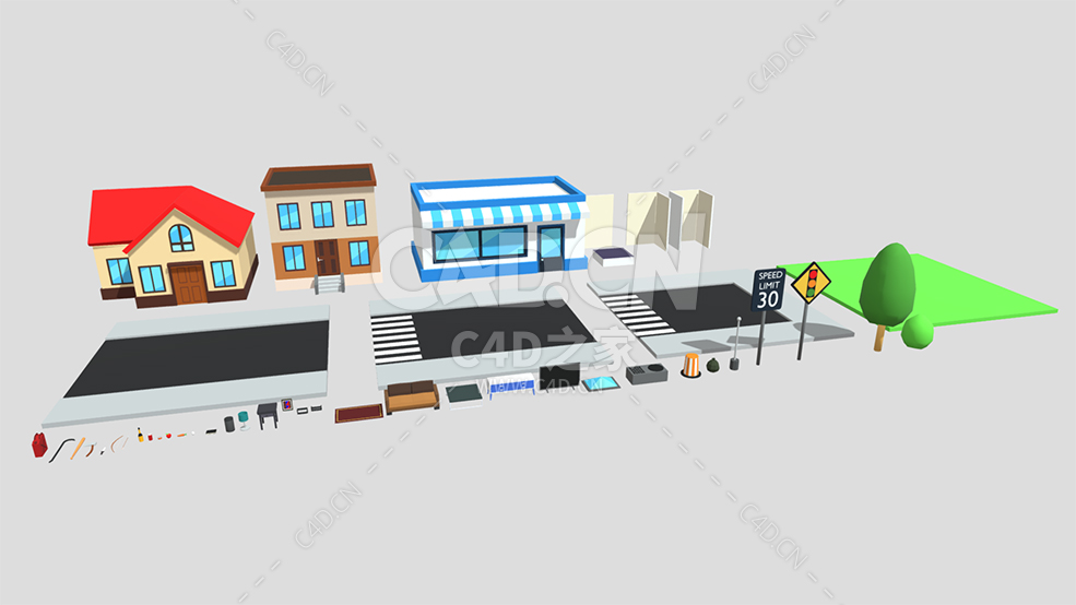 C4D低面卡通城市商店路标道路家具模型包