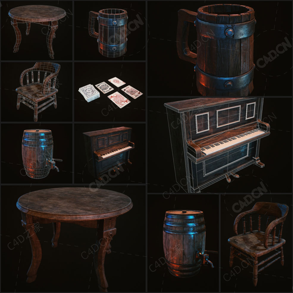 复古西部世界完整酒馆场景环境旧房子老式家具组合模型3D模型Western Kitbash